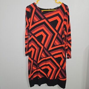 B#7 Principles Ben De Lisi Geometric Print Long‎ Sleeve Dress Orange Black sz 16
